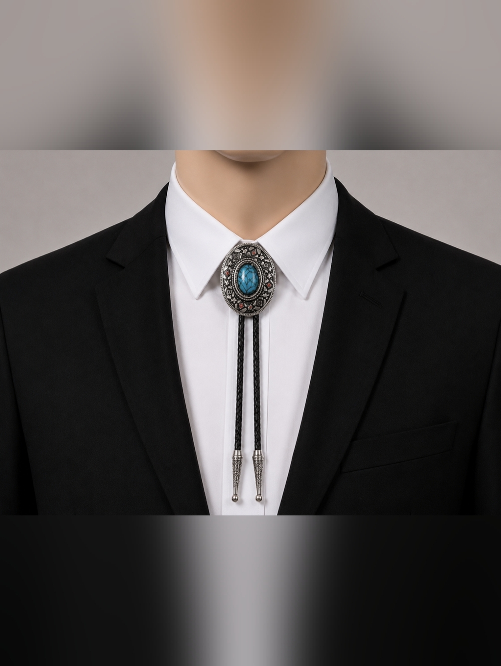 Western Turquoise Bolo Tie Silver Tone Engraved Oval Slide Cowboy Rodeo TM2B5F